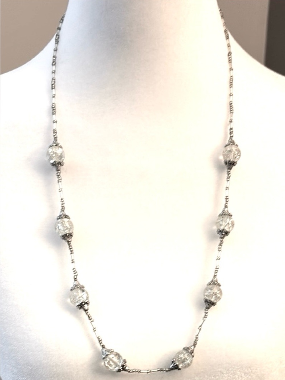 Silver Tone Station Necklace Clear Glass Beads Minimalist